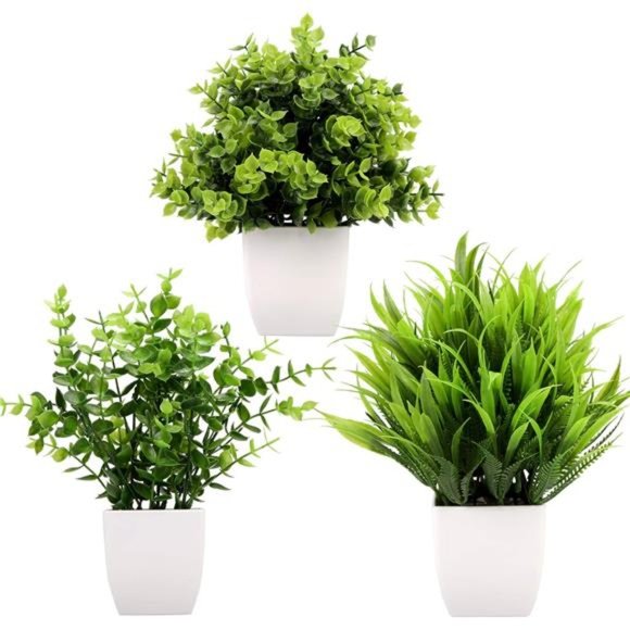 3Pack Mini Fake‎ Plants in Pots Artificial Plastic Eucalyptus Plant Faux Plants - Picture 1 of 6